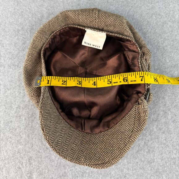 90's Y2K Vintage Nine West Brown/Cream Tweed Herringbone Newsboy Cap - Picture 5 of 7